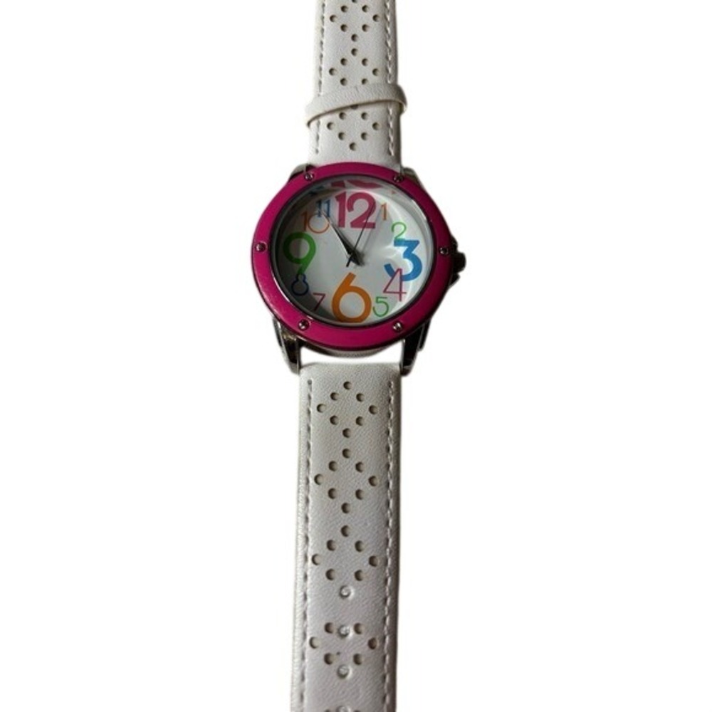 Avon "Number Brights" Pink & WWhite perforated strap watch with colorful numbers